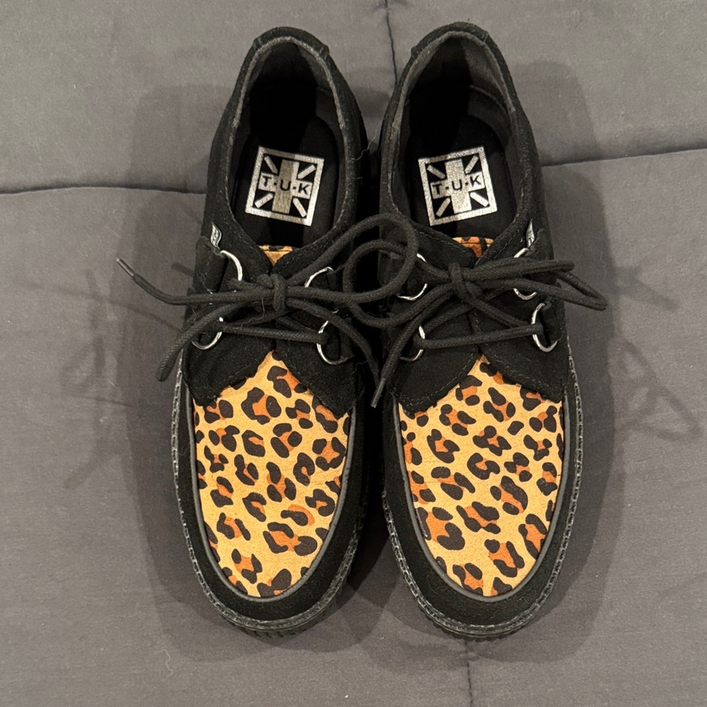 T.U.K Black & Leopard Print Platform Creepers
